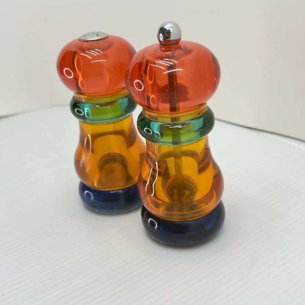 Vintage 1980s Olde Thompson Sunset Fiesta Lucite Salt & Pepper Mill Set MCM, USA